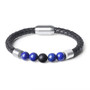 Mens Leather Bracelet Charm Lava Chakra Stone Beads Black Stainless