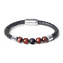 Mens Leather Bracelet Charm Lava Chakra Stone Beads Black Stainless