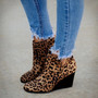 Round Head Toe Booties Winter Women Leopard Ankle Boots Lace Up Footwear Platform High Heels Wedges Shoes Woman Bota Feminina