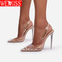 WETKISS Women's Stiletto High Heels Sandals Metal Chain Pointed Toe Sexy Transparant Pvc Party Shoes Sweet Spring Shoes 2021