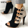 SHENGY Women Spring High Heels Office Zipper 10cm Hollow Out High Sandals Poop Toe Buckle Strap Fashion Party Wedding Shoes