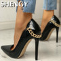 SHY Fashion Leopard Pointed Toe Metal Chain Thin Heels Snakeskin Sexy Party Women Shoes Rome Design Thin Heel Female Dress Shoes