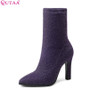 QUTAA 2020 Women Shoes Mid Calf Boots Fashion Stretch Fabric Thin High Heel Pointed Toe Sock Boots Winter Women Boots Size 34-43