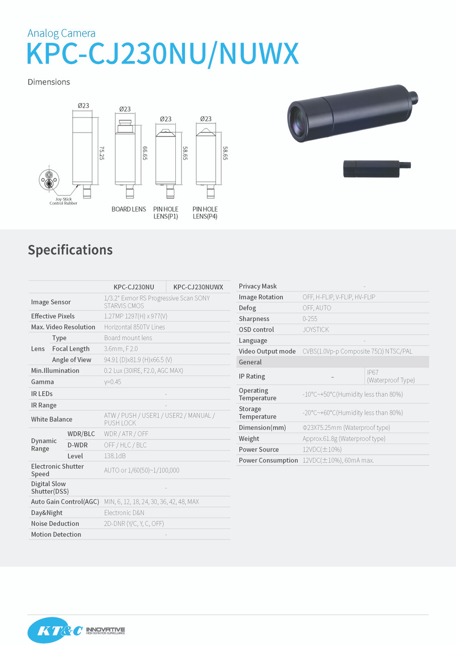 KTC Mini Bullet Camera, SONY STARVIS CMOS, 850TVL, 3.6mm lens