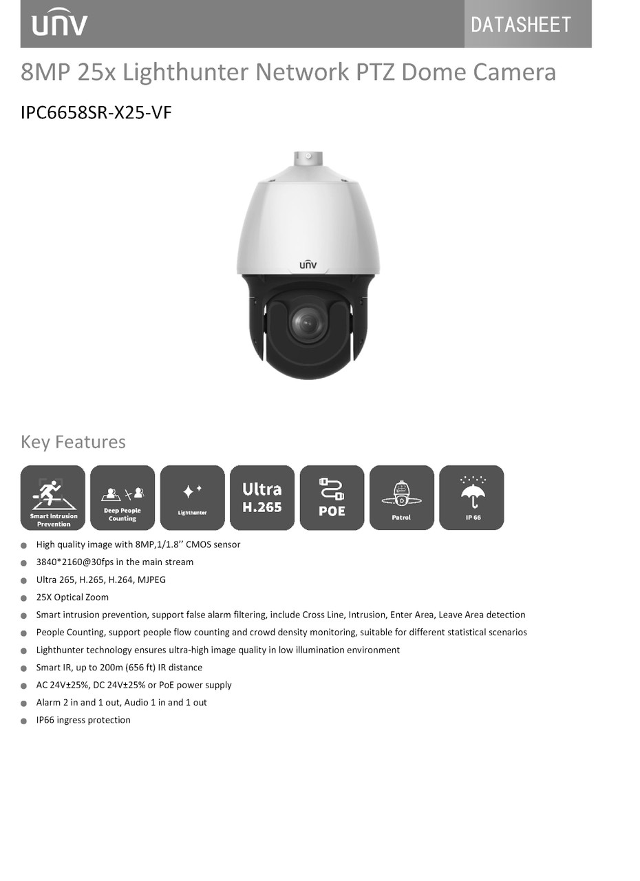 Uniview Network 4K AI Auto-Tracking  25x Lighthunter PTZ Dome Camera