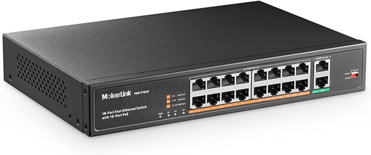 MokerLink 18 Port Gigabit PoE Switch, 16 Gigabit PoE+ Ports, 2 Gigabit Uplink, 250W IEEE802.3af/at, Metal Rackmount Unmanaged Plug and Play Ethernet Switch