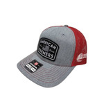 Farm Strong patch Richardson 112 hat in gray with a vibrant red mesh back, highlighted by an embroidered patch on the front
