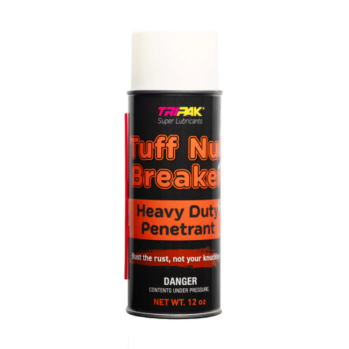 TRIPAK Tuff Nut Breaker Heavy Duty Penetrant spray can shown with label and nozzle, designed to loosen rusted or seized bolts and fasteners while providing lubrication and corrosion protection. TRIPAK Tuff Nut Breaker Heavy Duty Penetrant spray can shown with label and nozzle, designed to loosen rusted or seized bolts and fasteners while providing lubrication and corrosion protection.