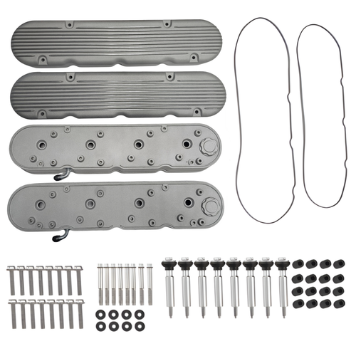 Top view of PSI Power satin aluminum LS valve cover kit components