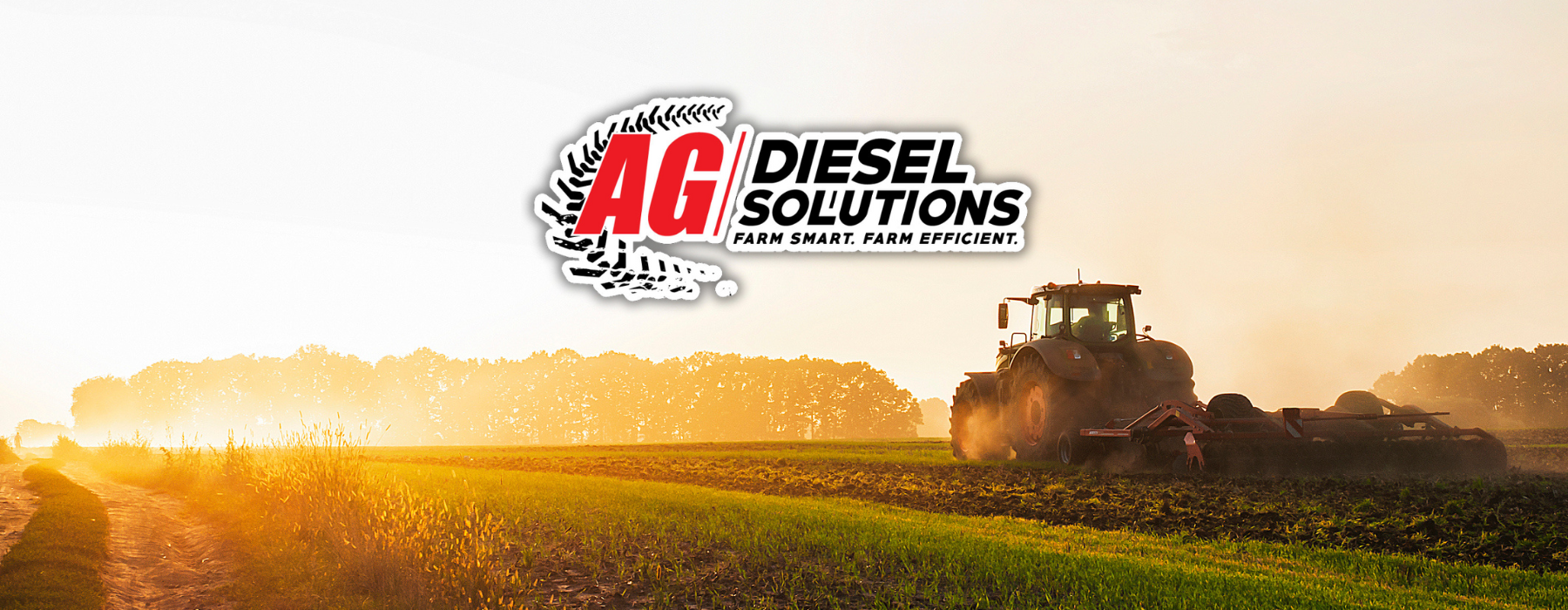 Ag Diesel Solutions branding with Tractor pulling planter at sunrise. 