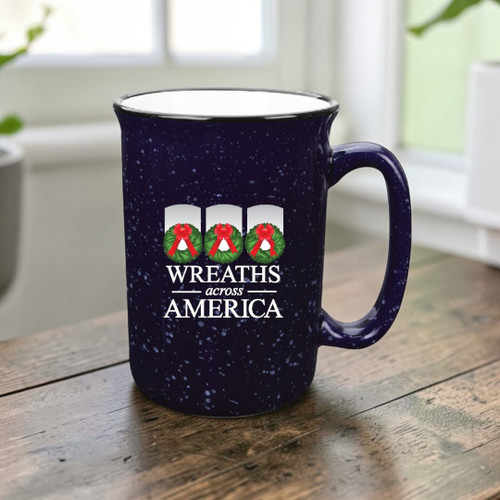 Navy Blue Campfire Mug Retro Granite Design Elongated Handle