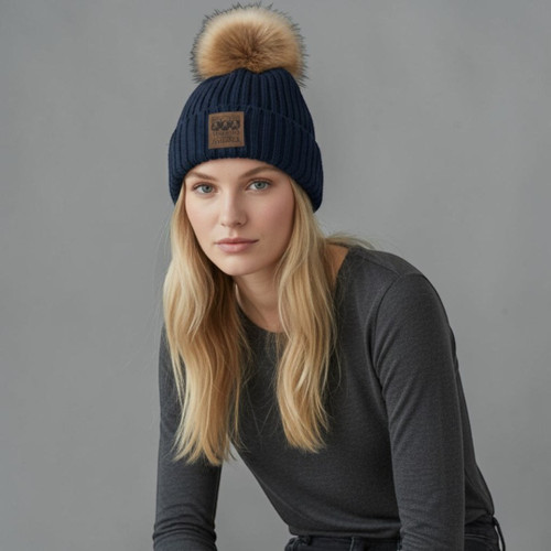 Patch Beanie with Faux Fur Pom-Navy