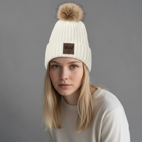 Patch Beanie with Faux Fur Pom-Cream