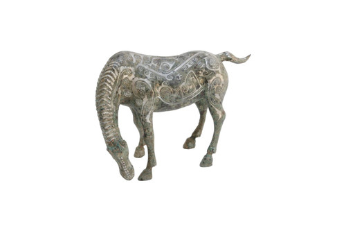 Bronze Drinking Horse with Silver Inlay