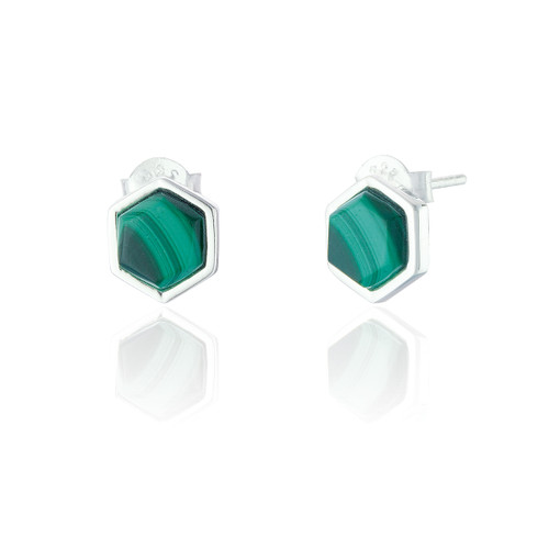 Liga Hexagon Malachite Stud Earrings - Silver