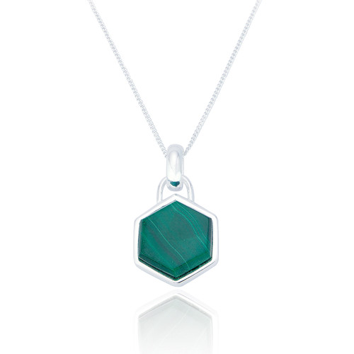 Liga Hexagon Malachite Pendant & Chain - Silver