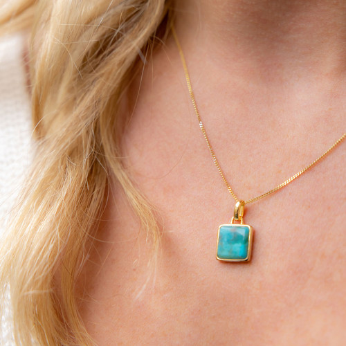 Liga Square Turquoise Pendant & Chain - Gold