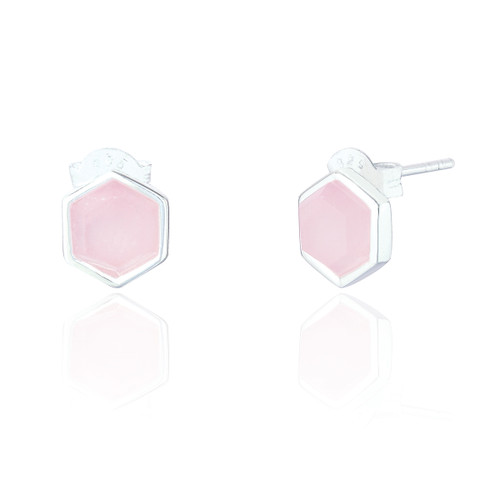Liga Hexagon Rose Quartz Stud Earrings - Silver