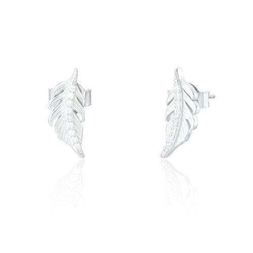 Desi C.Z Feather Stud Earrings - Silver