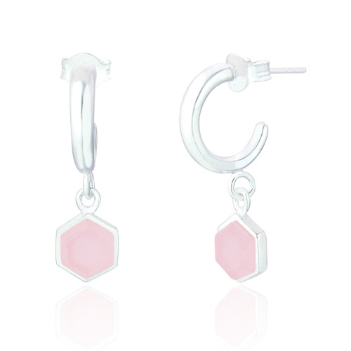 Liga Hexagon Rose Quartz Hoop Earrings - Silver
