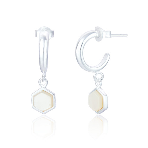 Liga Hexagon Mother of Pearl Hoop Earrings - Silver