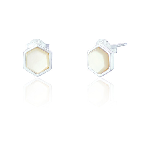 Liga Hexagon Mother of Pearl Stud Earrings - Silver