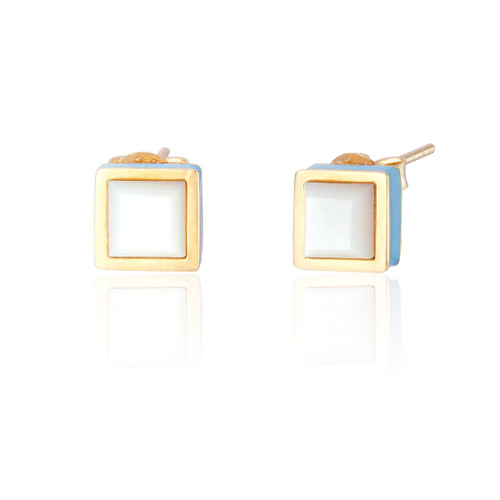 Thea Mother of Pearl & Enamel Square Stud Earrings - Gold (Turquoise)