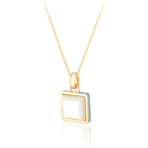 Thea Mother of Pearl & Enamel Square Pendant & Chain - Gold (Turquoise)