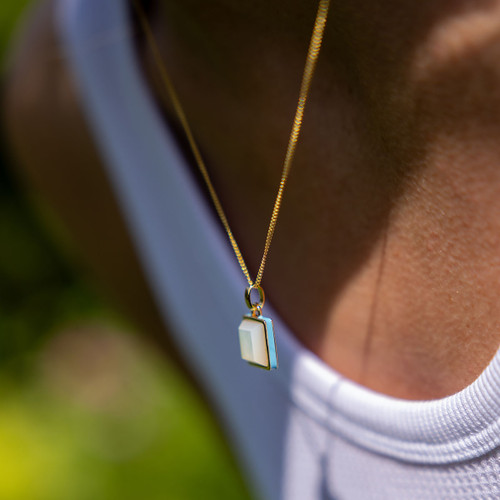 Thea Mother of Pearl & Enamel Square Pendant & Chain - Gold (Turquoise)