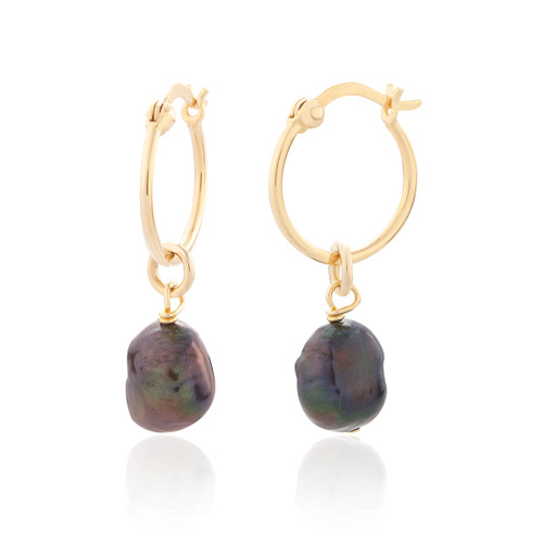 Amaya Black Pearl Hoop Earrings - Gold