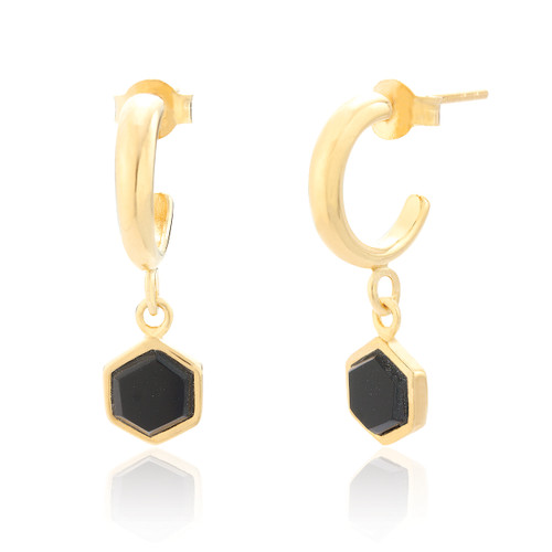 Liga Hexagon Black Onyx Hoop Earrings - Gold