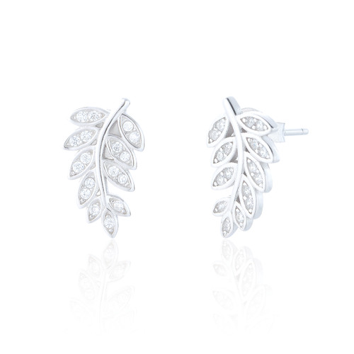 Zia C.Z Leaf Stud Earrings - Silver