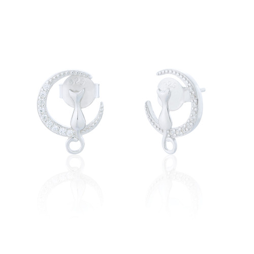 Zia C.Z Cat on Moon Stud Earrings - Silver