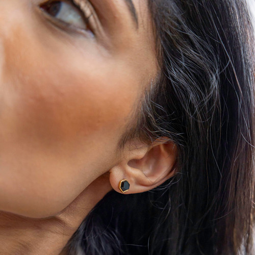 Liga Hexagon Black Onyx Stud Earrings - Gold