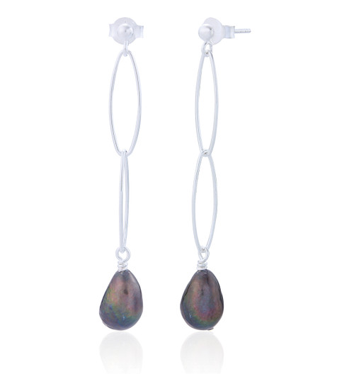 Seraphine Black Pearl Drop Earrings - Silver