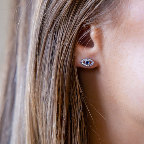 Irida Sapphire C.Z Evil Eye Stud Earrings - Silver