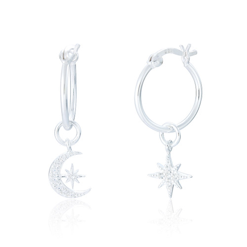 Shirley Moon & Star C.Z Hoop Earrings - Silver