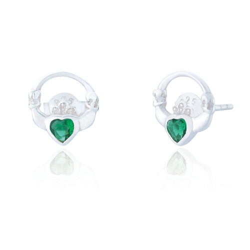 Sorcha Claddagh Heart Stud Earrings - Emerald C.Z