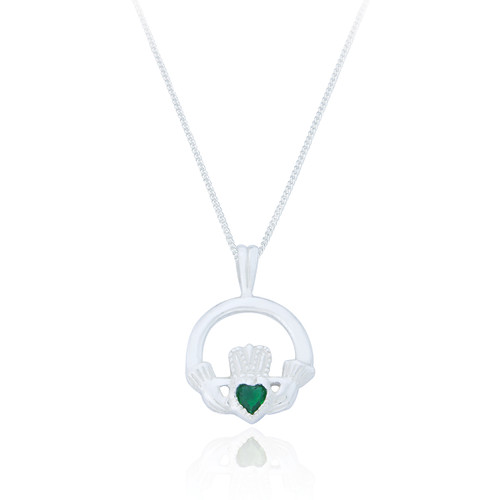 Sorcha Claddagh Heart Pendant & Chain - Emerald C.Z