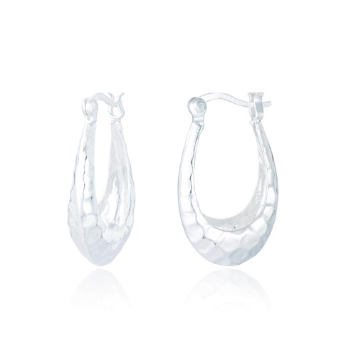Antibes Long Hammered Creole Hoop Earrings - Silver