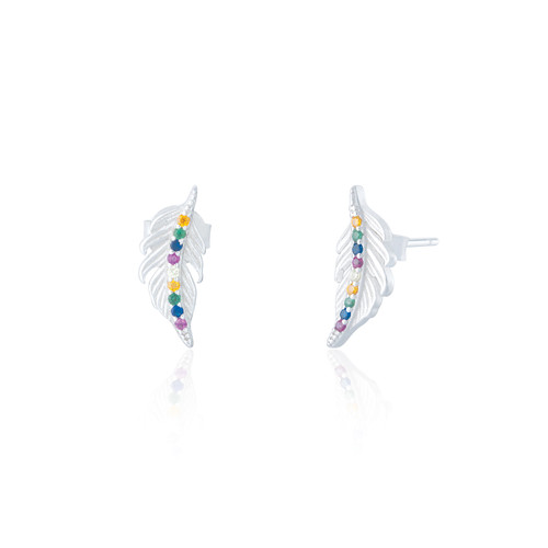 Pueblo C.Z Feather Stud Earrings - Rainbow
