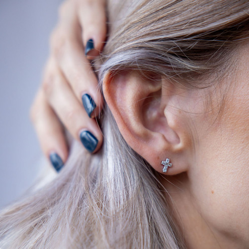 Pueblo C.Z Cross Stud Earrings - Silver
