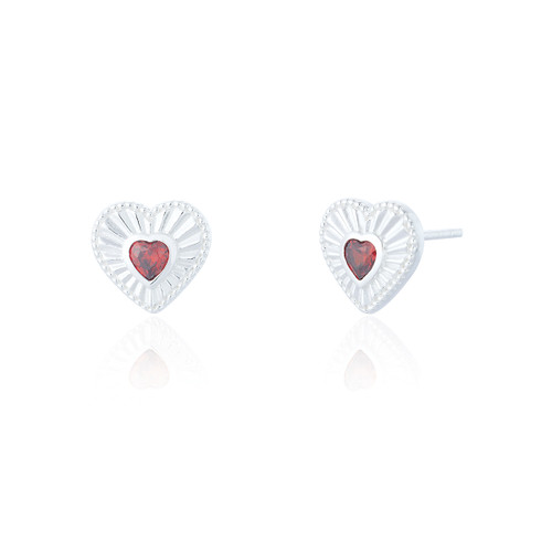 Vicky Ruby C.Z Heart Stud Earrings - Silver