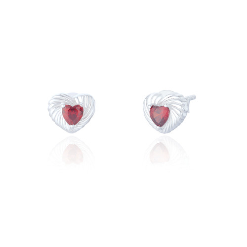 Eska Ruby C.Z Heart Stud Earrings - Silver