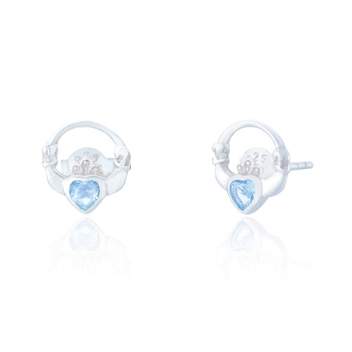 Sorcha Claddagh Heart Stud Earrings - Aquamarine C.Z