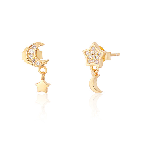 Zeyna C.Z Asymmetric Moon & Star Stud Earrings - Gold