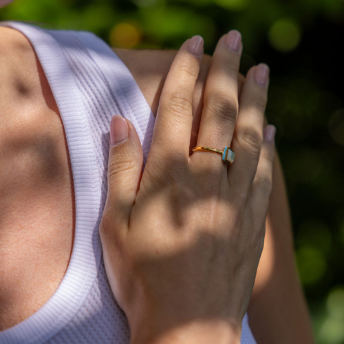 Thea Mother Of Pearl & Enamel Square Ring - Gold (Turquoise)