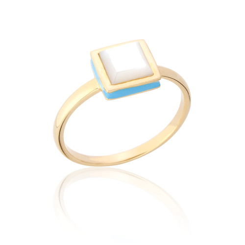 Thea Mother Of Pearl & Enamel Square Ring - Gold (Turquoise)
