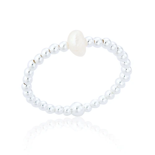 Nora Round Pearl Stretch Ring - Silver