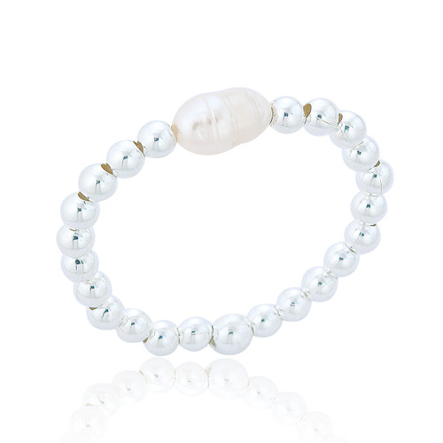 Nora Oval Pearl Stretch Ring - Silver